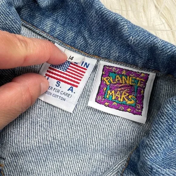 Vintage 90's Planet Mars Yellow Peanut M&M Embossed Denim Jacket - Picture 6 of 8